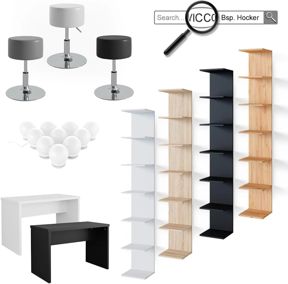 Tavolo da toeletta Conrada, Bianco, 80 cm con illuminazione LED e sgabello, adatto per l'organizzazione di articoli cosmetici e accessori