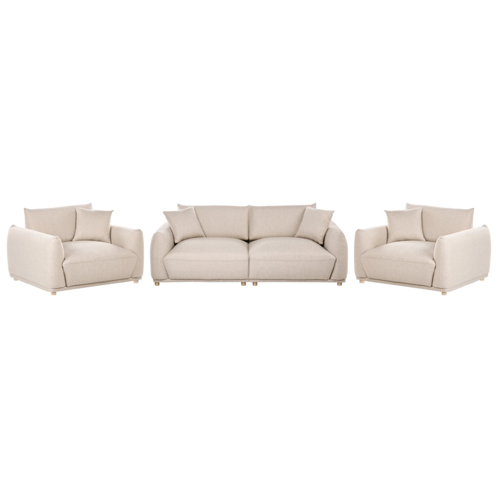 Set divano moderno a 5 posti in velluto con cuscini decorativi e poltrone con gambe in legno beige stile moderno