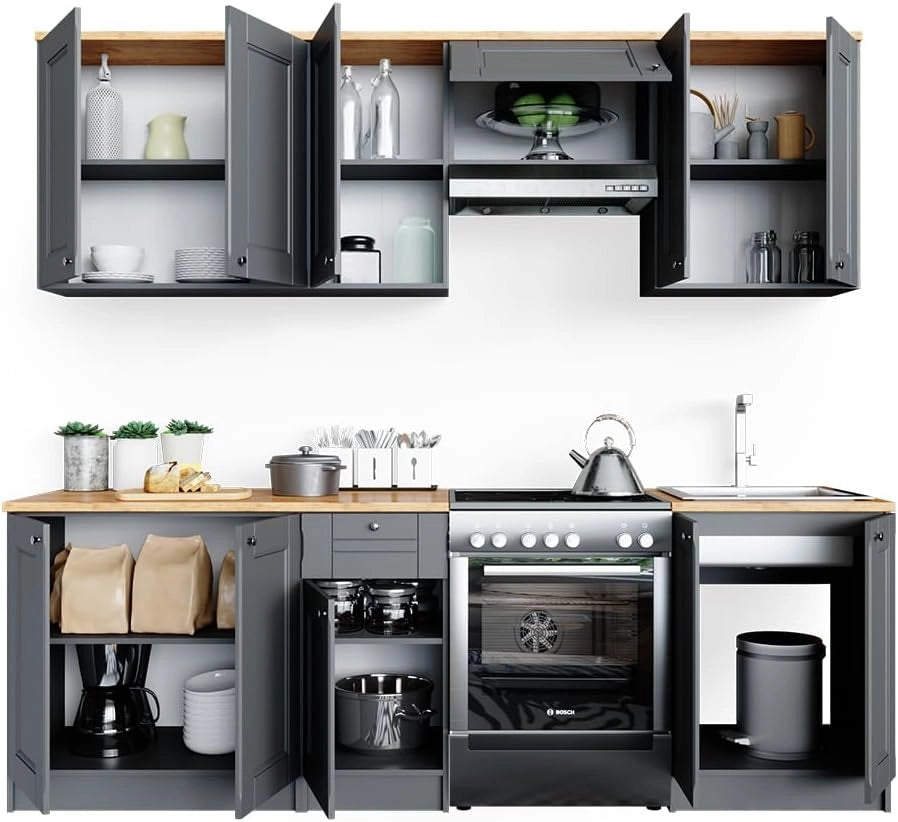 Mobile da cucina Bergamo, Grigio nobile, 240 cm, PL Goldkraft, con moduli posizionabili variabilmente per una personalizzazione individuale