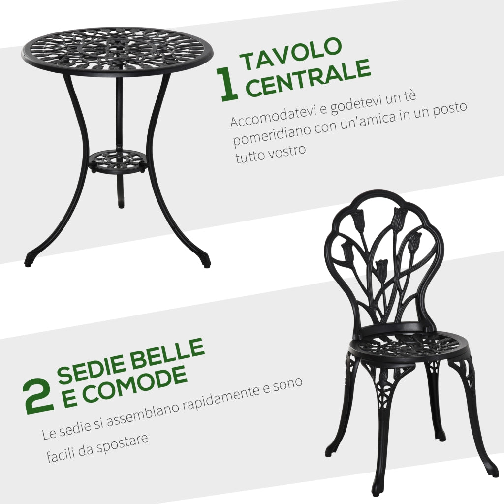 Set da Giardino 3 Pezzi in Alluminio con 2 Sedie 42.5x47.5x89 cm e Tavolino Rotondo ?60x67 cm, Nero