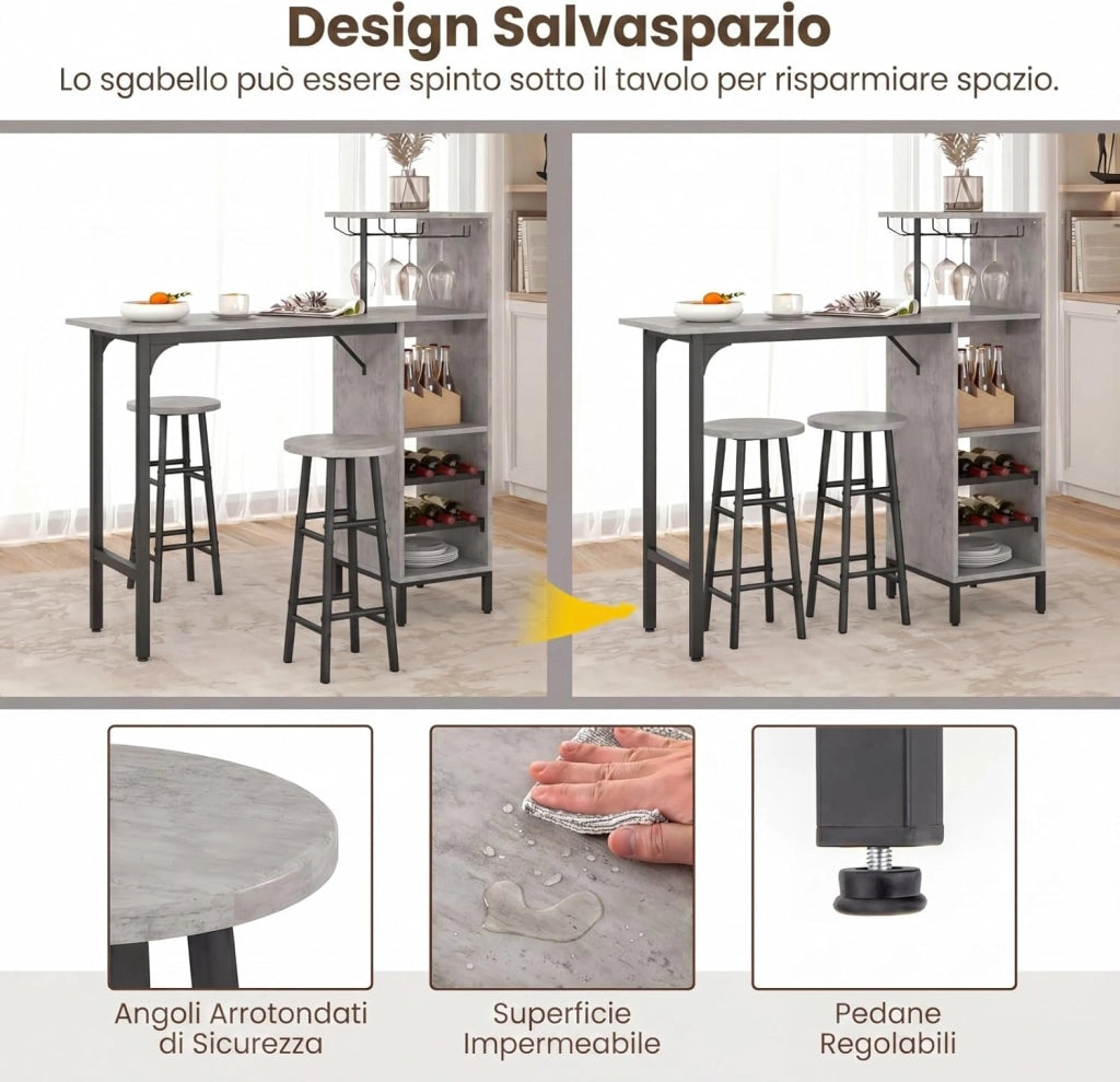 Set 3 Pezzi Tavolo e Sedie da Bar, Tavolo e Sgabelli da Pub Industriale con Porta Calici e 6 Portabottiglie da Vino, Set di Tavolo per Sala da Pranzo, Ristorante e Bar (Grigio)