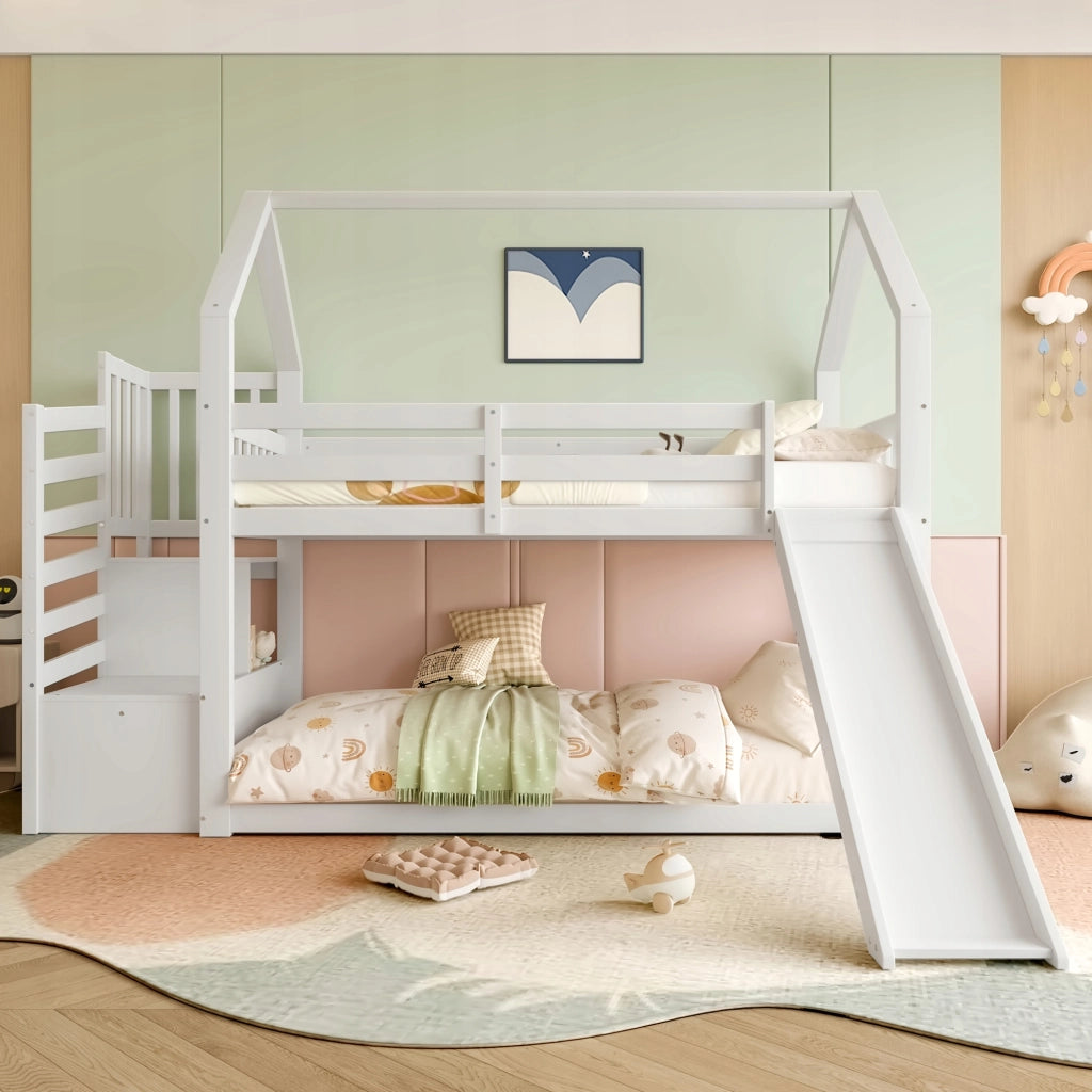 Letto a castello con cassetti e scivolo - Xylo - 90x200, bianco