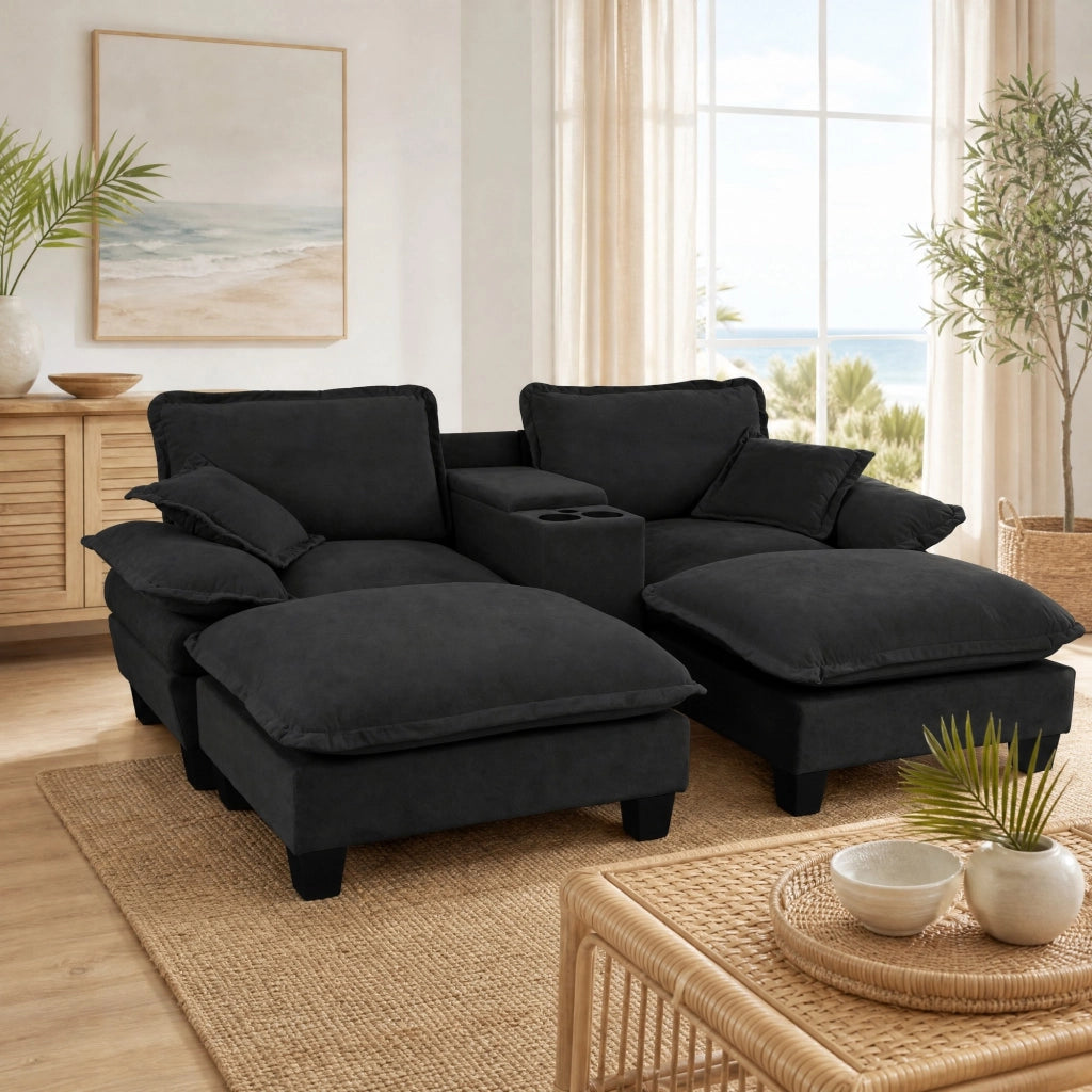 Divano modulare con contenitore USB portabicchieri 2 pouf e 2 cuscini in ciniglia nero 224×151×90 cm