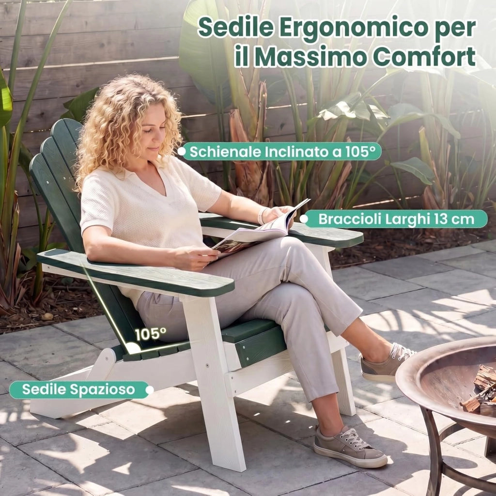 Sedia Adirondack Pieghevole da Giardino, Sedia da Patio in HIPS con Braccioli Larghi e Schienale Inclinato, Poltrona in Legno, per Giardino Cortile, Portata 180 kg (2, Verde+Bianco)