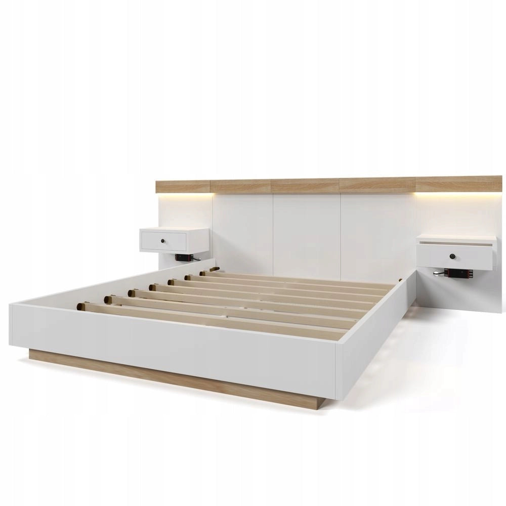 Letto matrimoniale - Xylo - 180x200cm - Bianco rovere - 2 comodini LED USB
