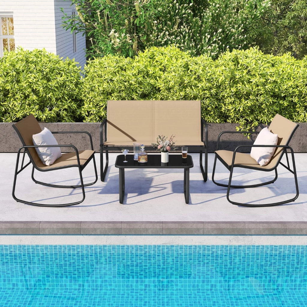 Set di mobili da giardino 4 pezzi di sedute per 4 persone, Mobili per terrazza con dolce movimento oscillante Marrone-Set mobili da esterno