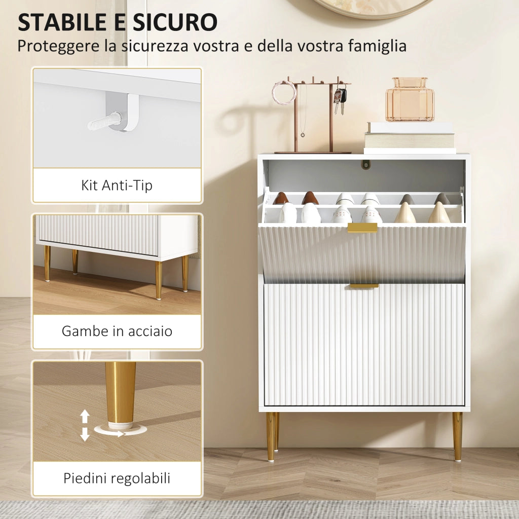 Scarpiera Slim con 2 Cassetti Ribaltabili per 12 Paia di Scarpe 60x24x91,5 cm Design Moderno in MDF Bianco