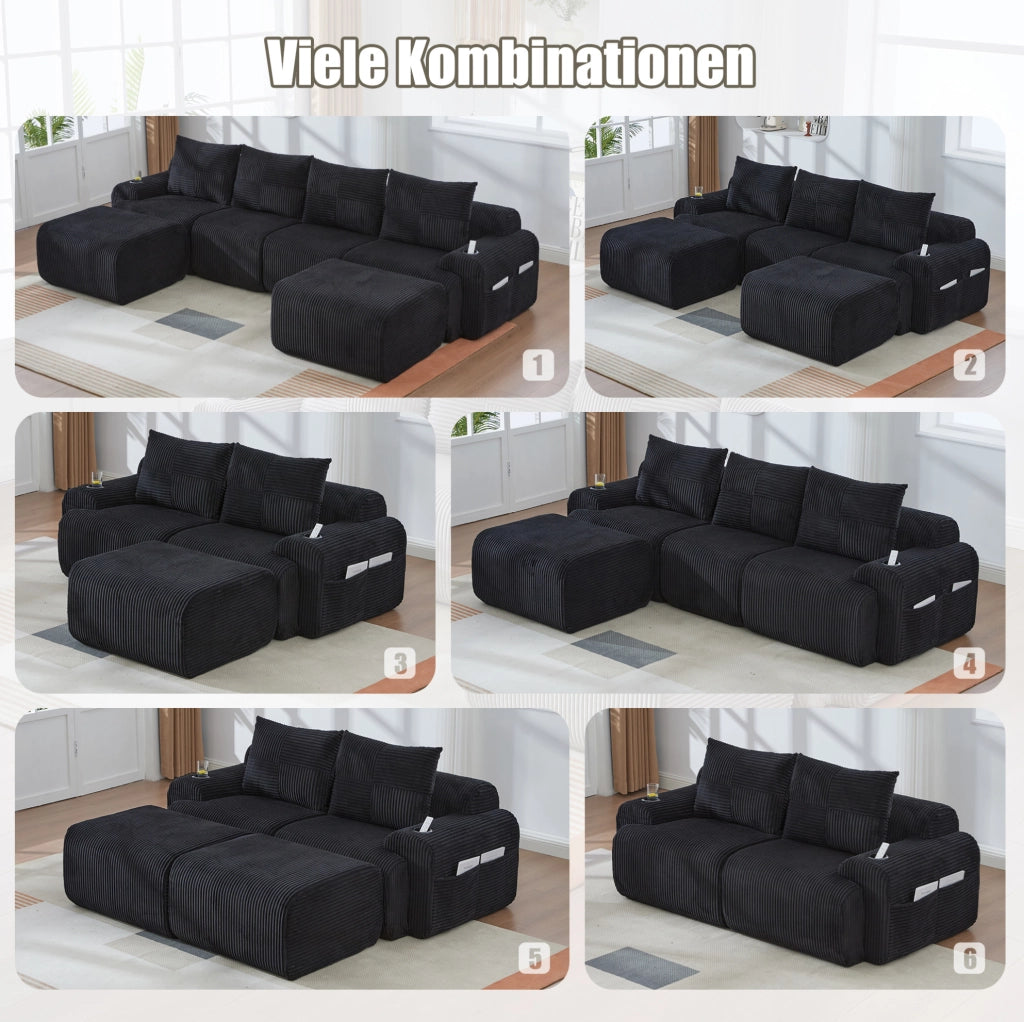 Divano modulare 3 posti in corduroy nero 268x174x66 cm con portabicchieri e tasca laterale