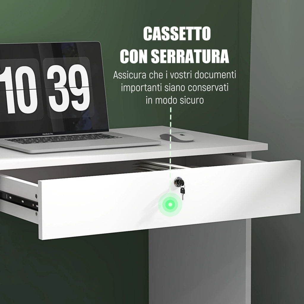 Scrivania Moderna con 5 Cassetti e Scomparto Aperto con Serratura e 2 Chiavi, 110x50x76cm, Bianco