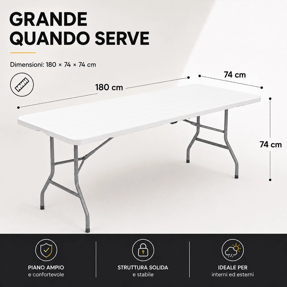 Tavolo Pieghevole Bianco Effetto Legno Resistente Tavolino Esterno 180x74x74cm
