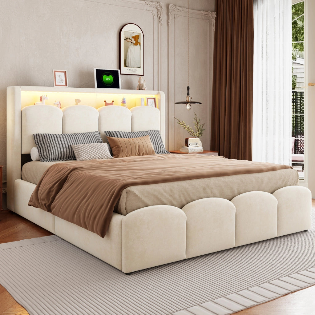 Letto matrimoniale imbottito 140x200 cm in velluto beige con LED; USB e contenitore idraulico