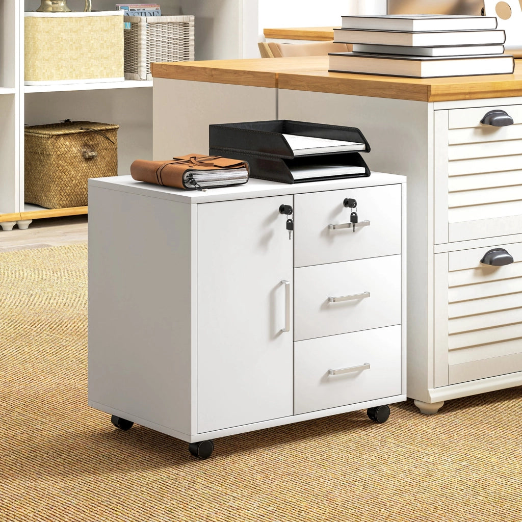 Cassettiera da Ufficio Schedario  con 3 Cassetti e Armadietto 60x40x56 cm in Legno Bianco