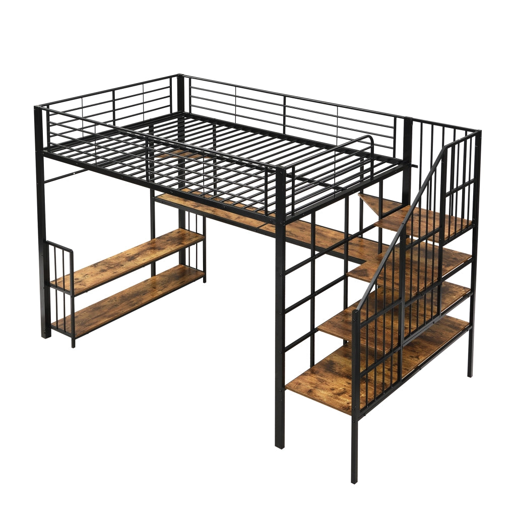 LETTO A CASTELLO 120x200 cm in metallo e legno, Nero/Noce scuro