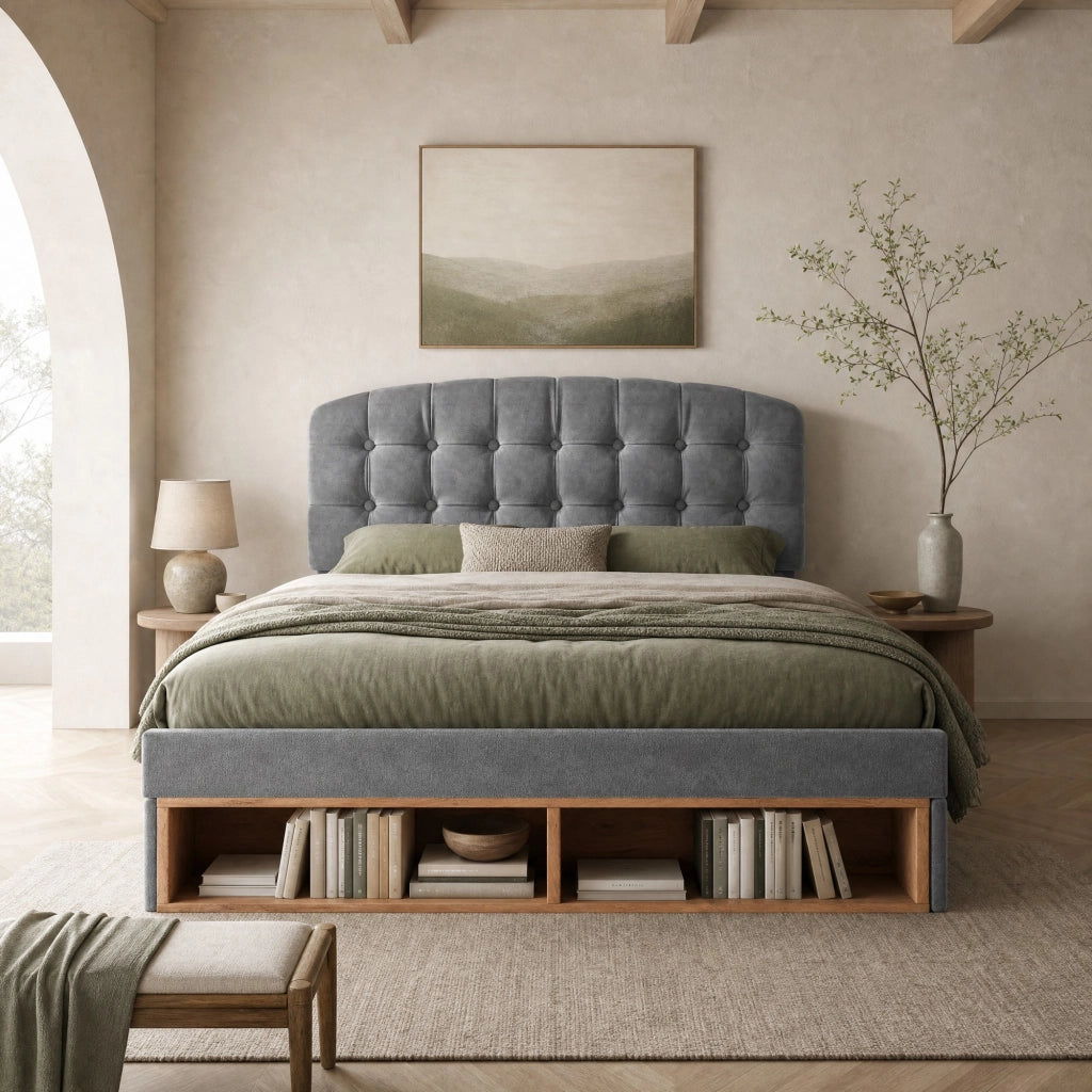 Letto imbottito 140x190cm velluto grigio con testiera regolabile, cassetti e rete a doghe