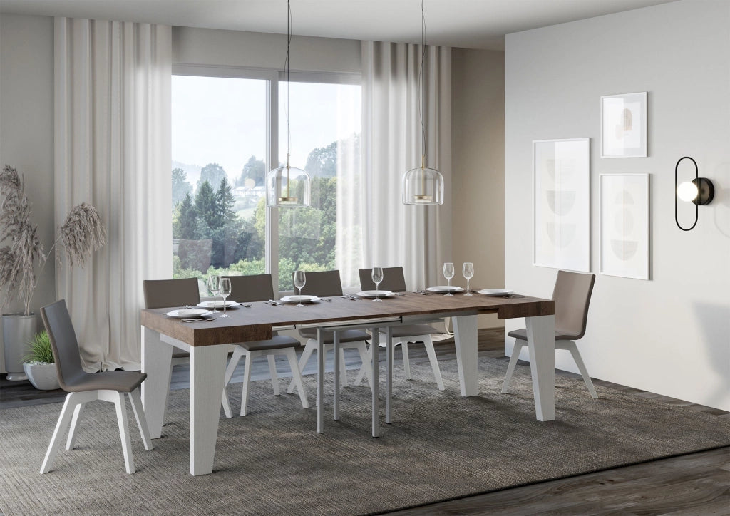 Tavolo Allungabile 90/246x90x77 cm Naxy Mix piano Noce gambe Bianco Frassino