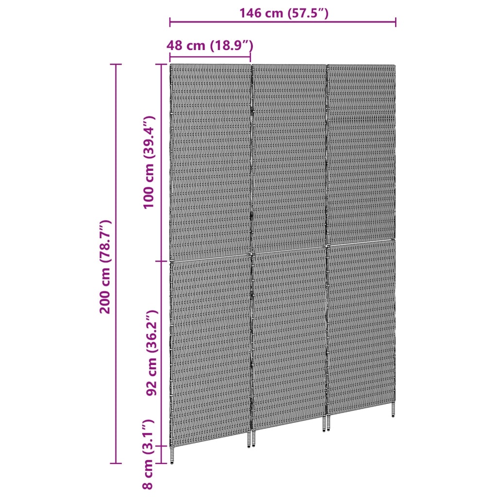 Divisorio per stanze  3 pannelli pieghevole beige 146x200 cm in poli rattan