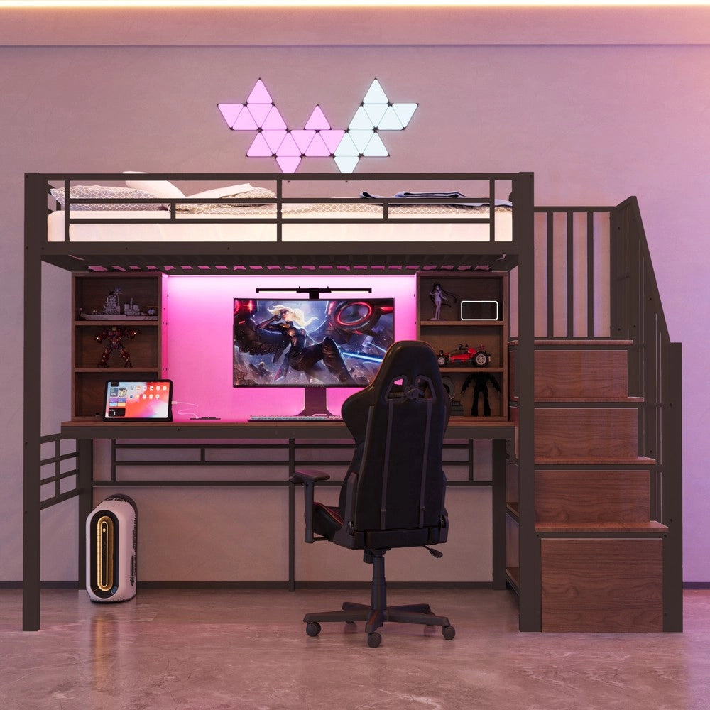 Letto a castello singolo con scrivania e LED - Zephmum- 90x200 cm, nero, presa europea, spazio di archiviazione