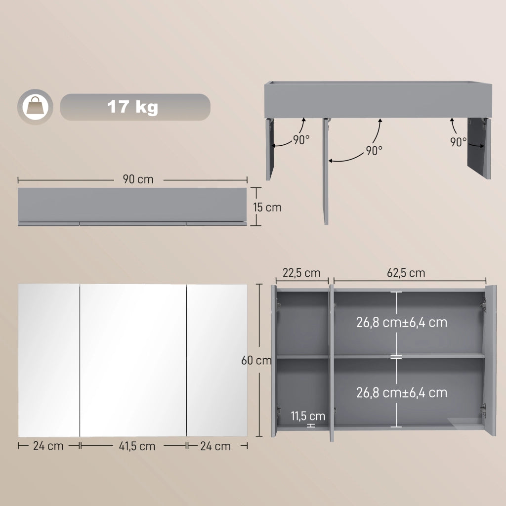 Armadietto specchio bagno a parete 3 ante ¨C Xylo ¨C grigio con ripiani regolabili
