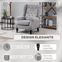Poltrona Grigia in Stile Francese con Ampia Seduta, Gambe rivestite in Legno e Cuscini Sfoderabili