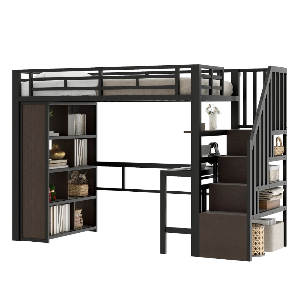 OKWISH Letto a Soppalco 90×200 cm, Letto Singolo con Scrivania, Mensole, LED Regolabile e Scale Contenitore, senza Materasso, Nero