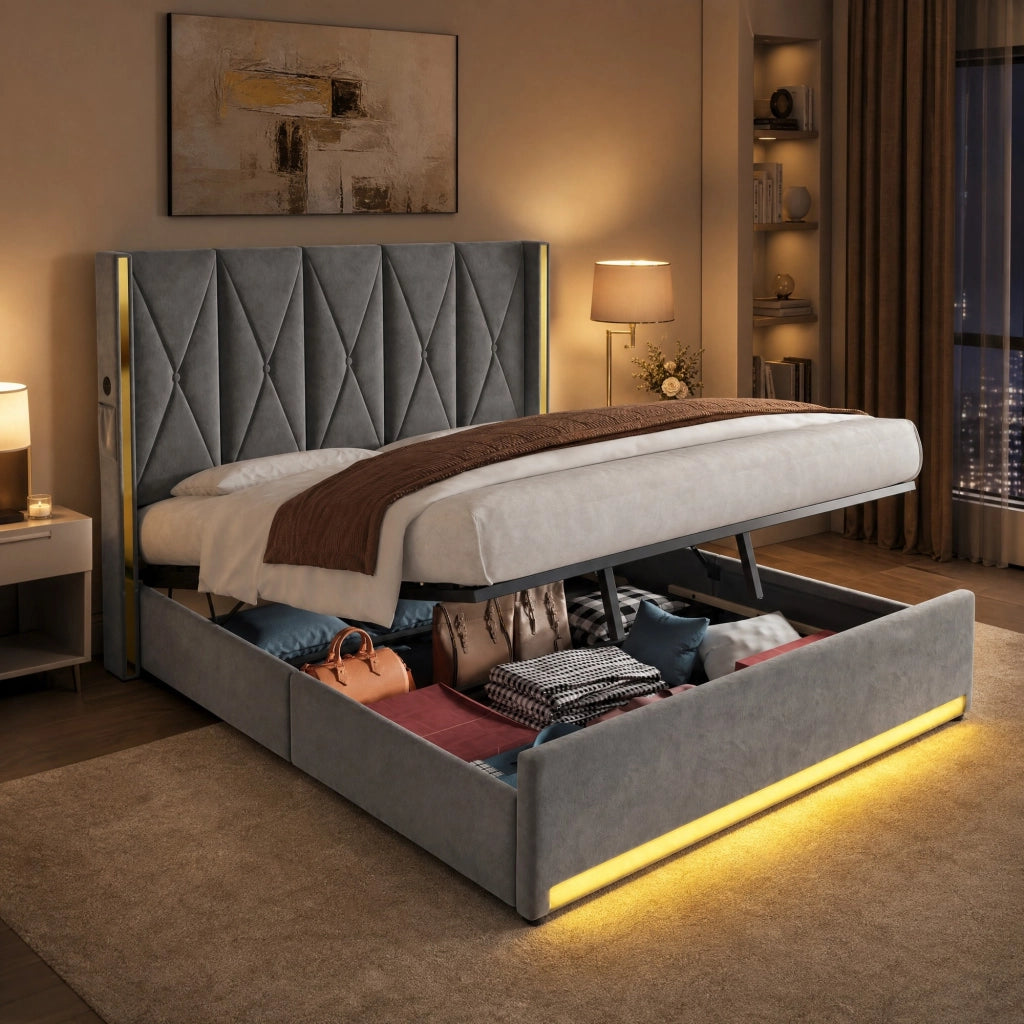 Letto contenitore 180x200 cm in velluto grigio scuro con LED e USB