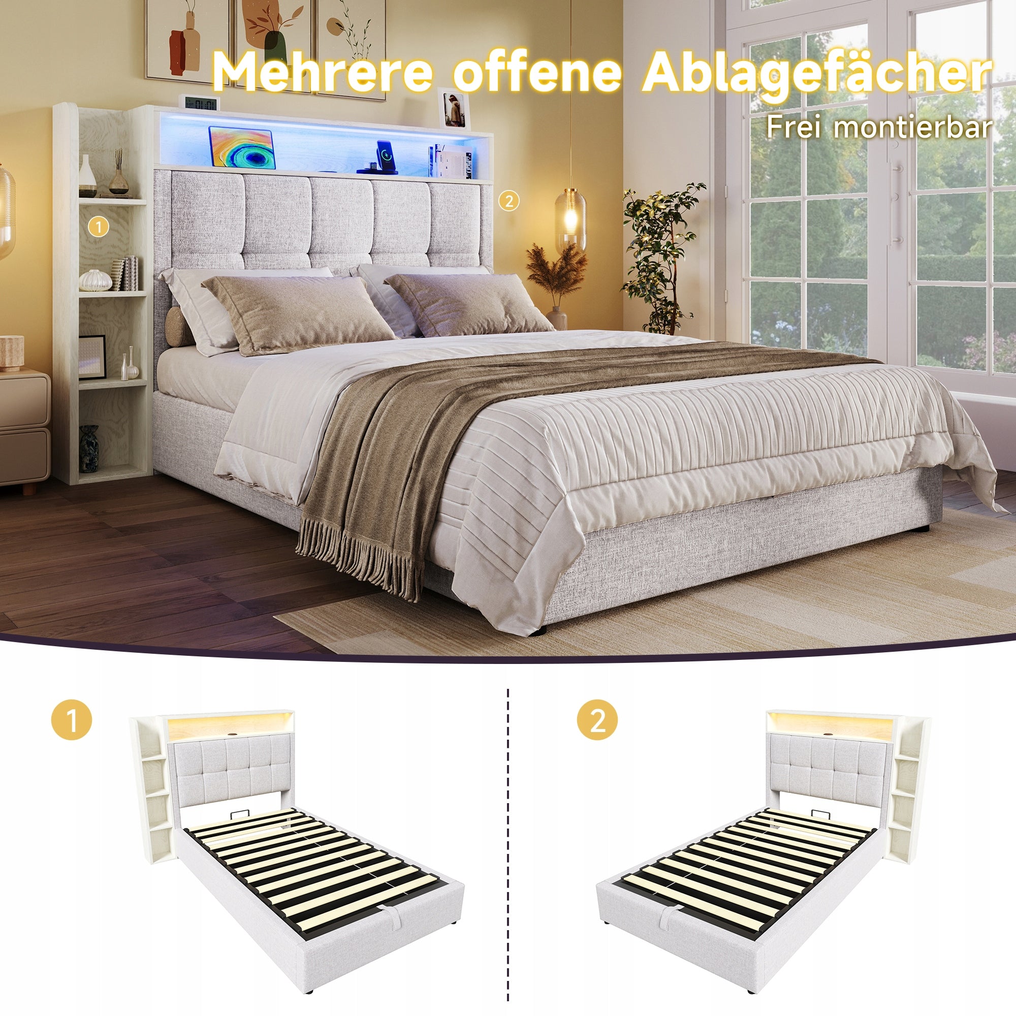 Letto imbottito 90x200 - Xylo - Beige, LED, USB-C, telaio sollevabile
