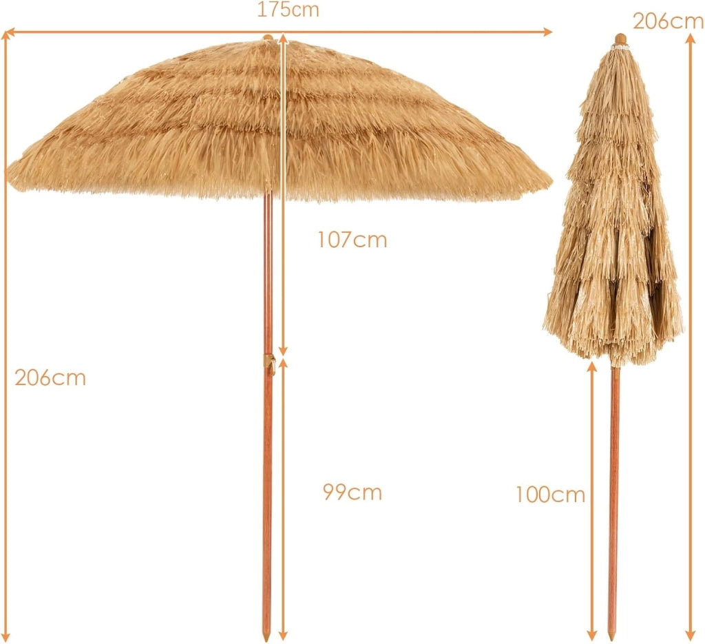 Ombrellone di Paglia 200 cm (Diametro Interno 175 cm), Ombrellone da Spiaggia Pieghevole, Parasole Hawaiano con Inclinabile in Metallo, Spiaggia e Balcone (Naturale)