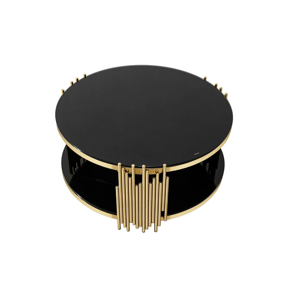 Tavolino da Caff¨¨ Rotondo in Vetro ¨C MINIMAL ¨C Nero, Struttura in Acciaio Dorato