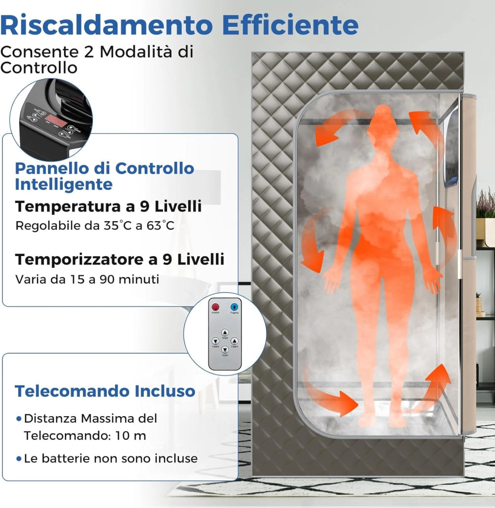 Sauna a Vapore Portatile 3L, Sauna da Casa con 9 Livelli di Regolazione della Temperatura da 35-63℃, Telecomando, Sedia Pieghevole e Massaggiatore per Piedi in Legno (Grigio)