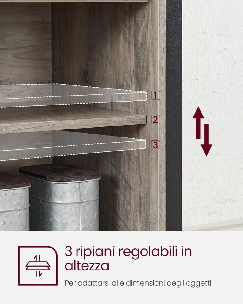 VASAGLE Credenza, Mobile da Cucina, Armadietto Organizzatore, con 2 Ante Scorrevoli, 33 x 100 x 80 cm, Ripiani Regolabili, Stile Country, per Soggiorno, Greige Melange e Nero Inchiostro LSC092B02