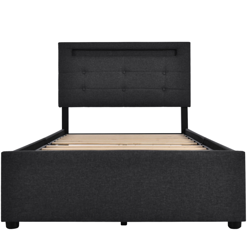 Bettiera imbottito con LED; 2 cassetti; 90x200 cm; nero