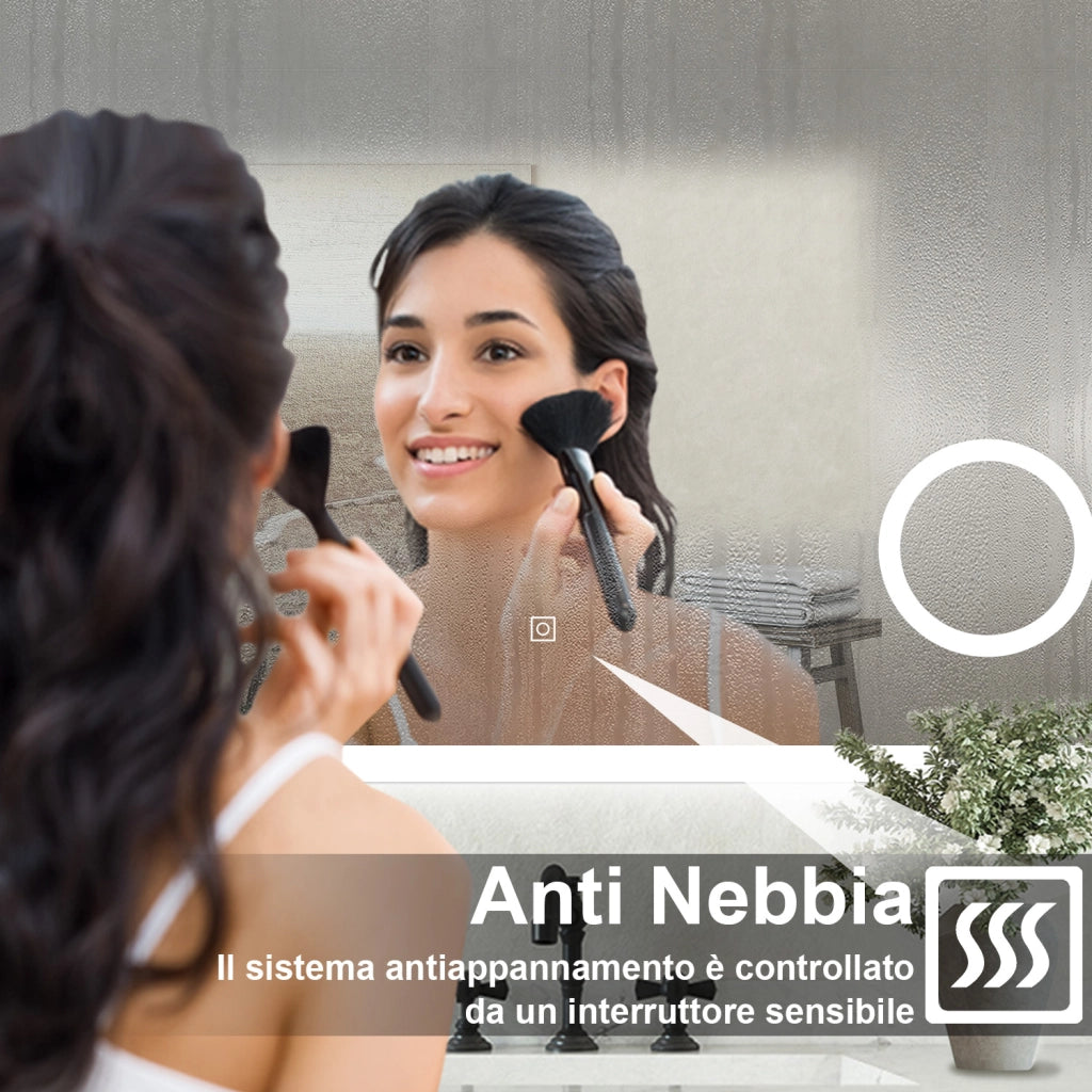 Specchio bagno Rettangolare 140x80cm Led Con 3 Luci + 3X Lente d'ingrandimento + Antiappannamento