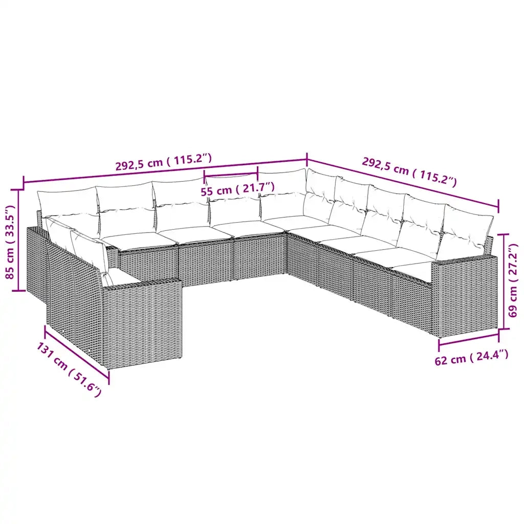 Set Divani da Giardino 11 pz con Cuscini in Polyrattan Grigio