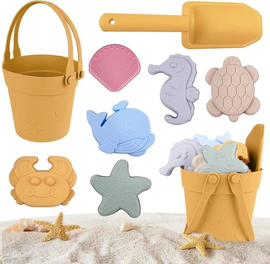 Set di sabbia per bambini - 8 pezzi con secchio, cucchiaio e animali di sabbia morbidi - Perfetto per feste in spiaggia, campeggio e attività estive - Arancione