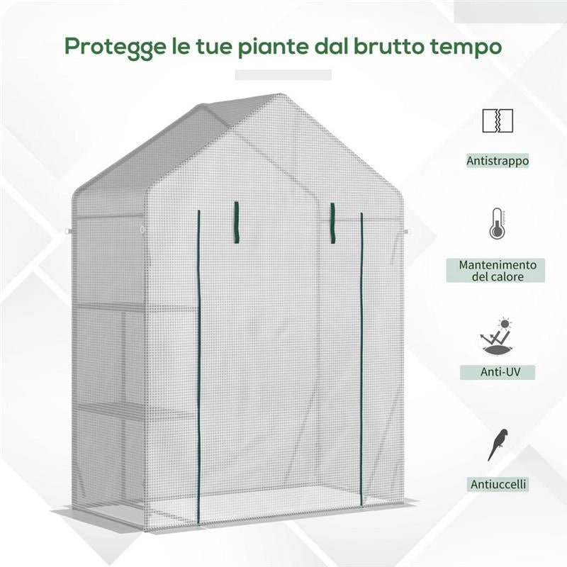 SERRA DA GIARDINO IN PE E ACCIAIO PER ESTERNI CON 2 SCAFFALI E PORTA AVVOLGIBILE, 143X73X195 CM, BIANCO