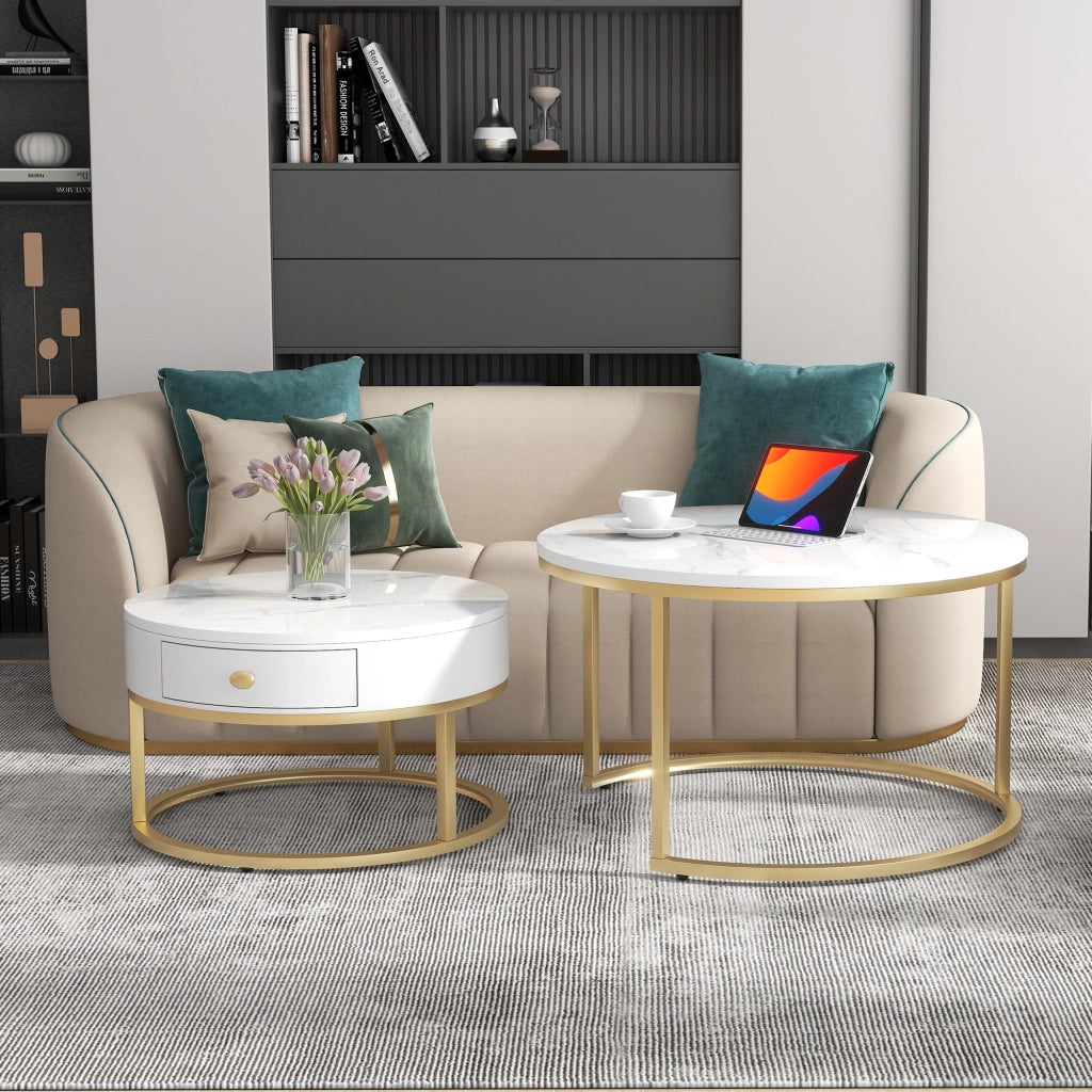 Tavolini da caffè impilabili set 2 con piano effetto marmo per soggiorno in MDF bianco