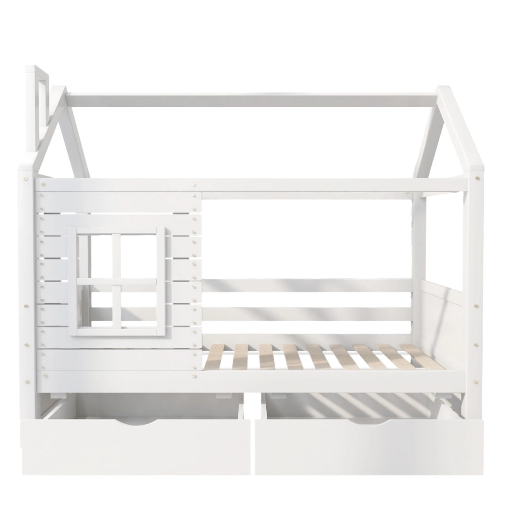 Letto a casetta per bambini 90x200 cm in legno massello di pino bianco con 2 cassetti