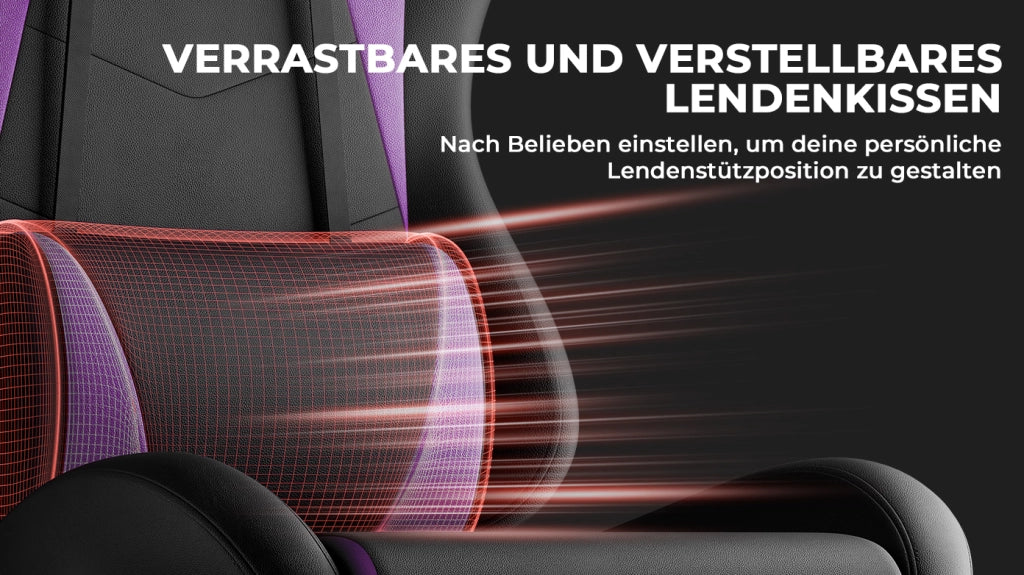 Sedia da gaming ergonomica con poggiatesta e supporto lombare; PVC nero e viola