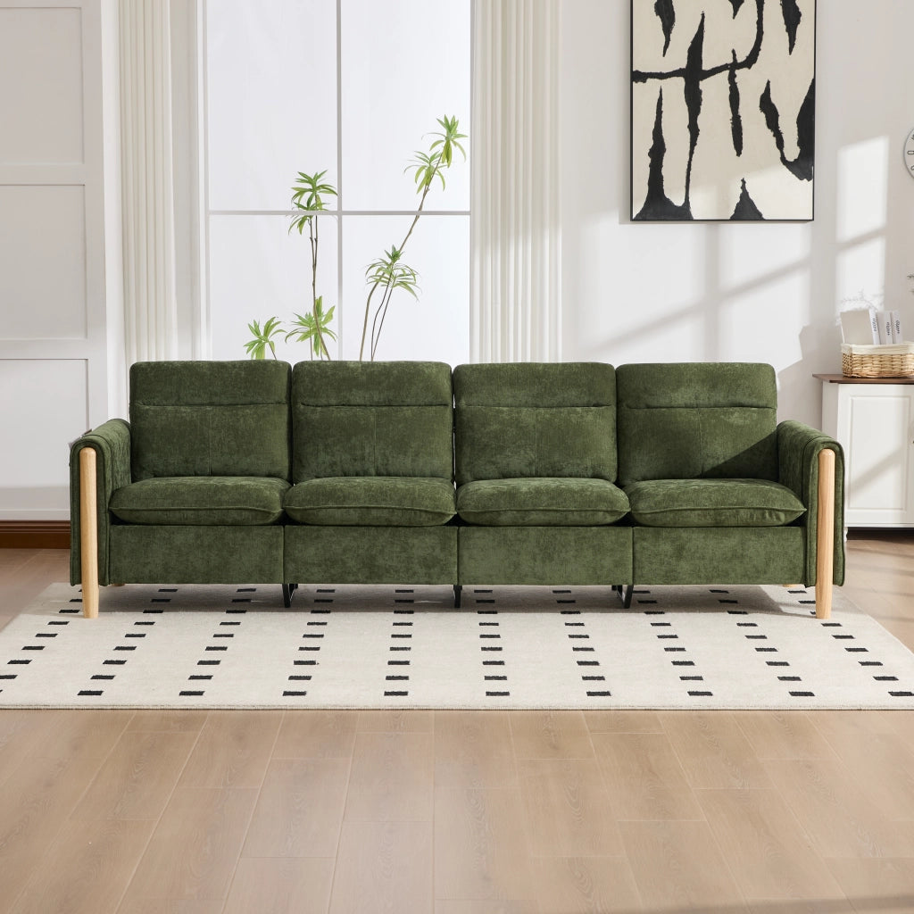 Divano ad angolo modulare 4 posti con 2 pouf contenitore e tasche laterali in ciniglia verde 261 × 77 × 86 cm
