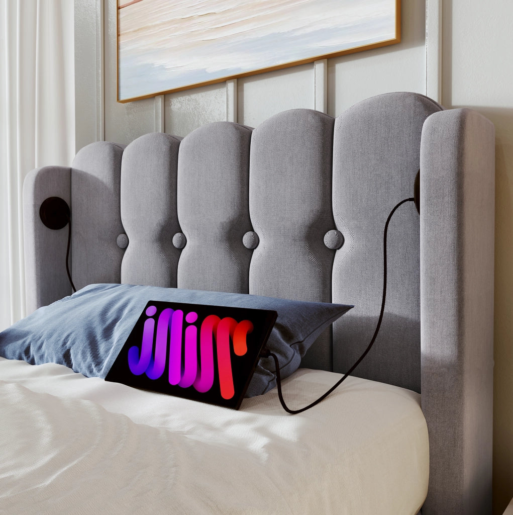 Letto imbottito matrimoniale 90x200 cm con USB e Tipo C, struttura con testiera in tessuto grigio