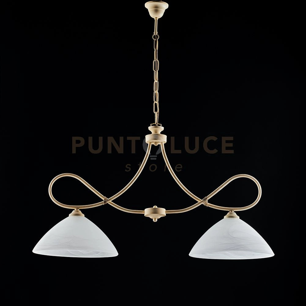 Lampadario in ferro laccato avorio con decorazione effetto decapè e rifiniture in oro antico con diffusori in vetro diametro 13 alabastro bianchi 2 luci