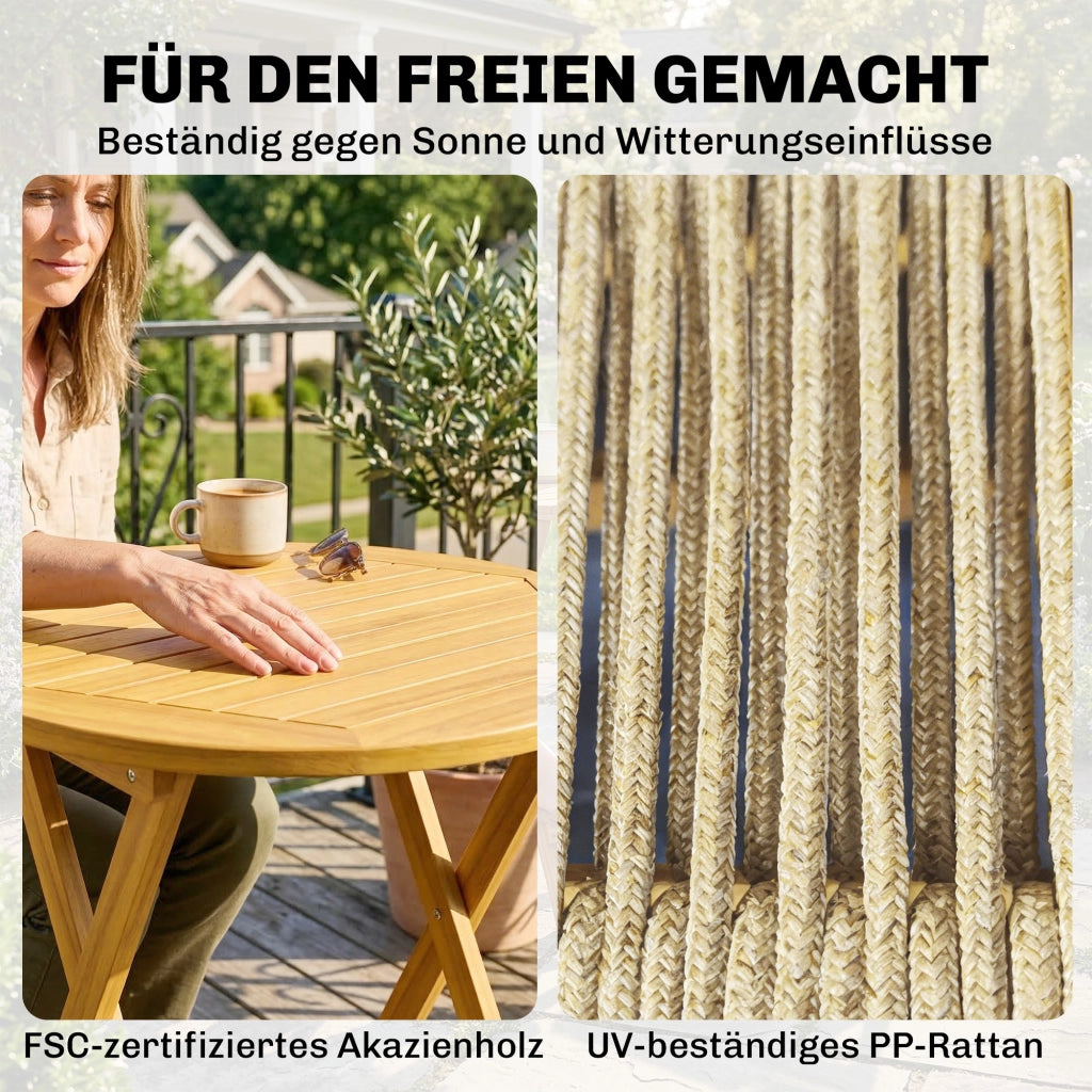Set Giardino Polyrattan Legno Pieghevole ¨C zephmum ¨C 3 Pezzi con Tavolo e 2 Sedie