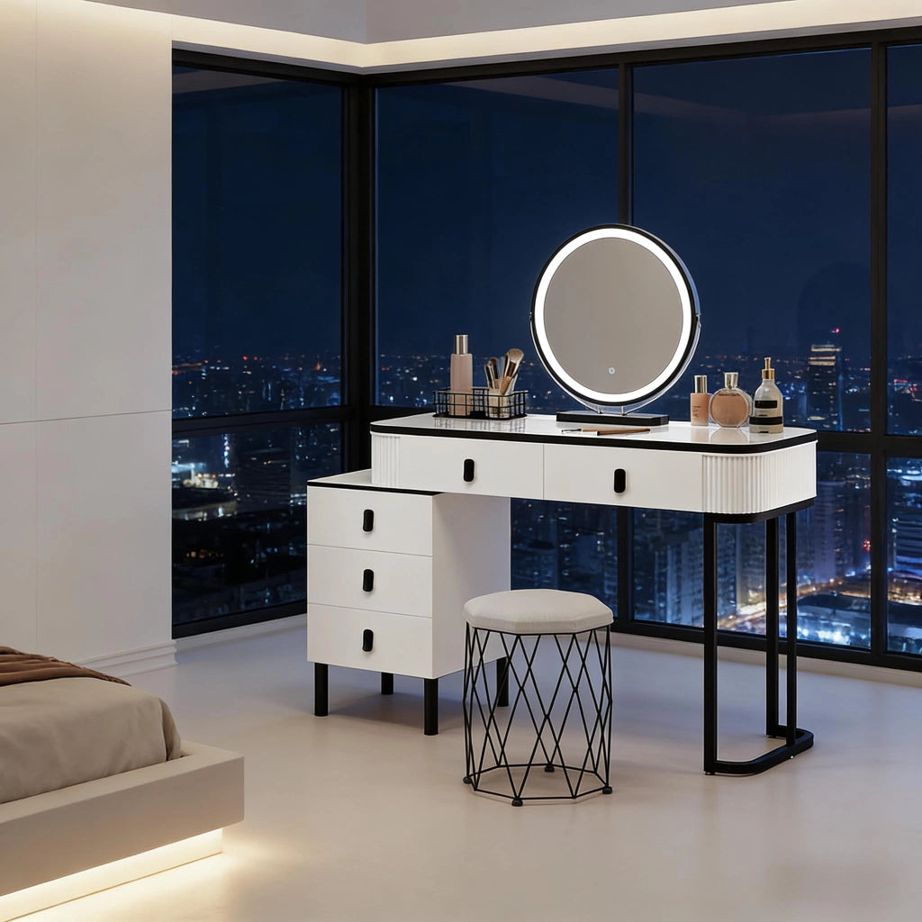 Toeletta con 5 cassetti; specchio LED orientabile e sgabello; per camera da letto e ufficio