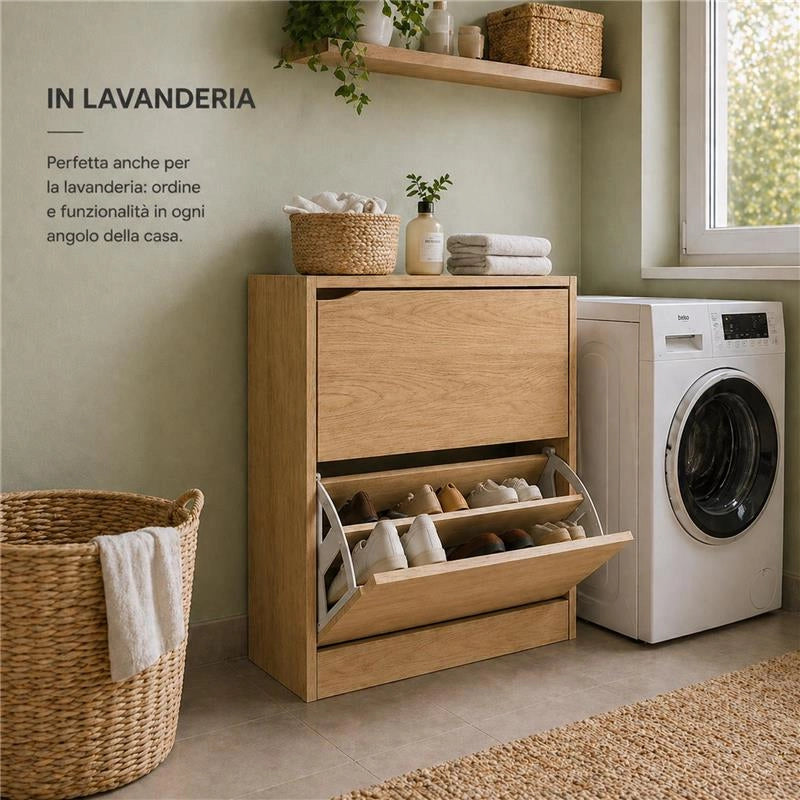 SCARPIERA LINEA HARMON A 2 ANTE E PANNELLO RETROSTANTE IN MDF COLORE ROVERE DIMENSIONI 63X24X80 CM