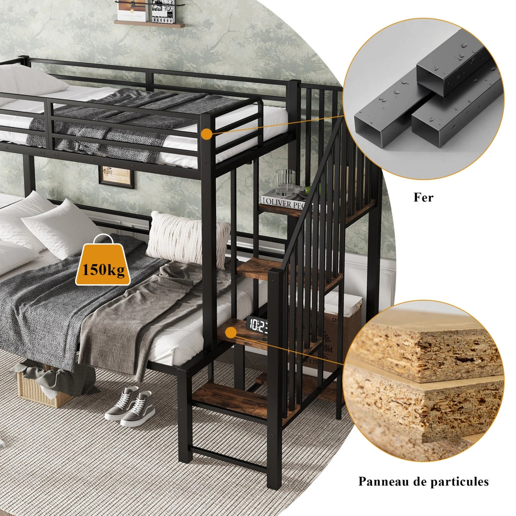 OKWISH Letto a Castello 90×200 cm e 120×200 cm, Letto 3 Posti con Scala ad Angolo, Contenitore e Sponde, senza Materasso
