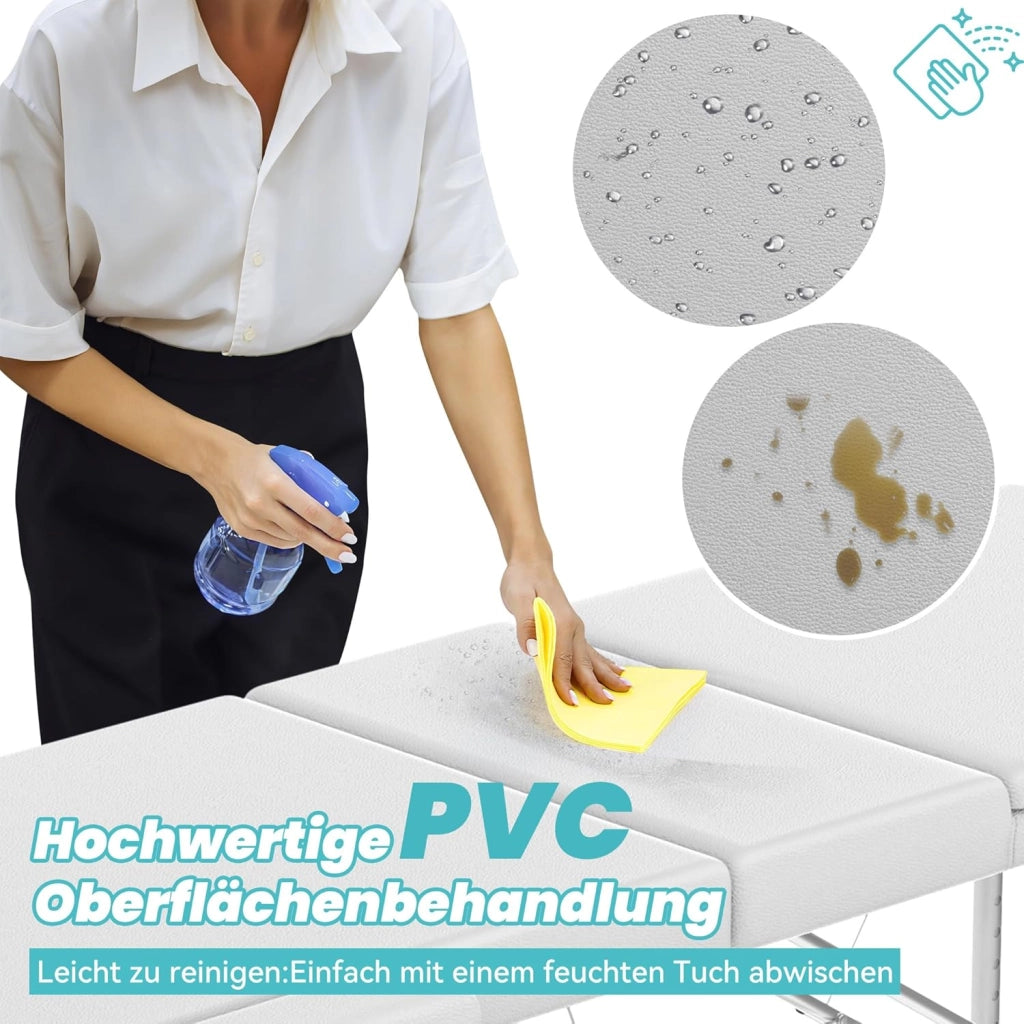 Lettino massaggiante pieghevole a 3 zone, altezza regolabile con braccioli, cuscino viso e custodia, in alluminio, colore: bianco