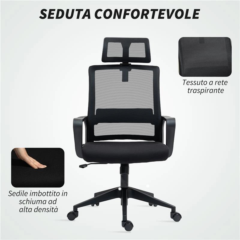SEDIA DA UFFICIO ERGONOMICA CON POGGIATESTA E ALTEZZA REGOLABILI FUNZIONE DONDOLO E RUOTE NERO