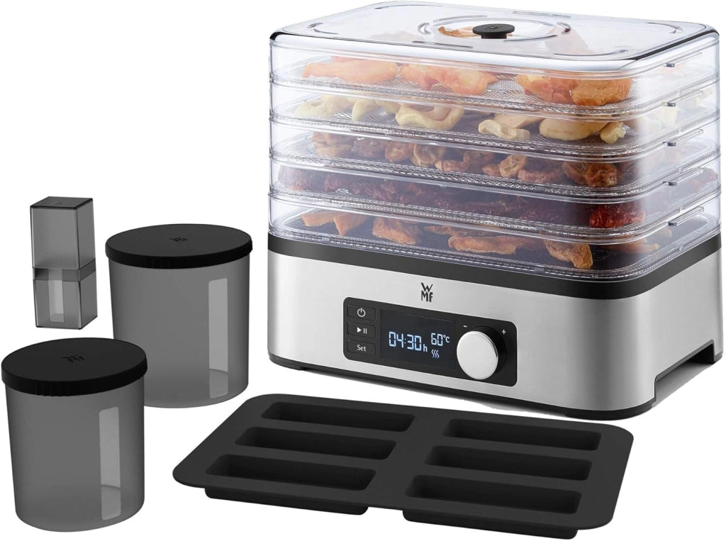 WMF KitchenMinis Essiccatore Compatto Snack to Go, in Acciaio Cromargan con 5 Griglie di Essicazione in Tritan, Sistema Silenzioso, Essicatore con Display LCD e Timer Programmabile, Dim. 28 x19x21 cm