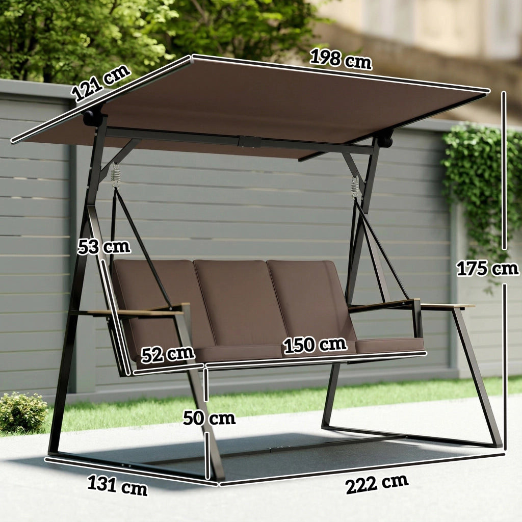 Dondolo da Giardino 3 Posti con Tettuccio Regolabile ¨C zephmum ¨C Marrone, Metallo, 222x131x175 cm