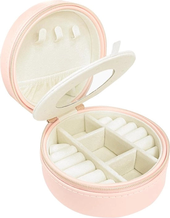Cassettino per gioielli, organizzatore per gioielli, valigetta per viaggio per gioielli, cassettino per gioielli, con chiusura a cerniera e specchio, rotondo, piccolo, per uso domestico e professionale, ideale per ragazze e donne.